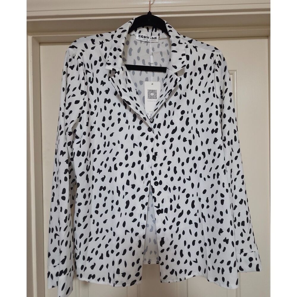 NWT ECOWISH Black and White Spotted Button Up Blouse Top Size M